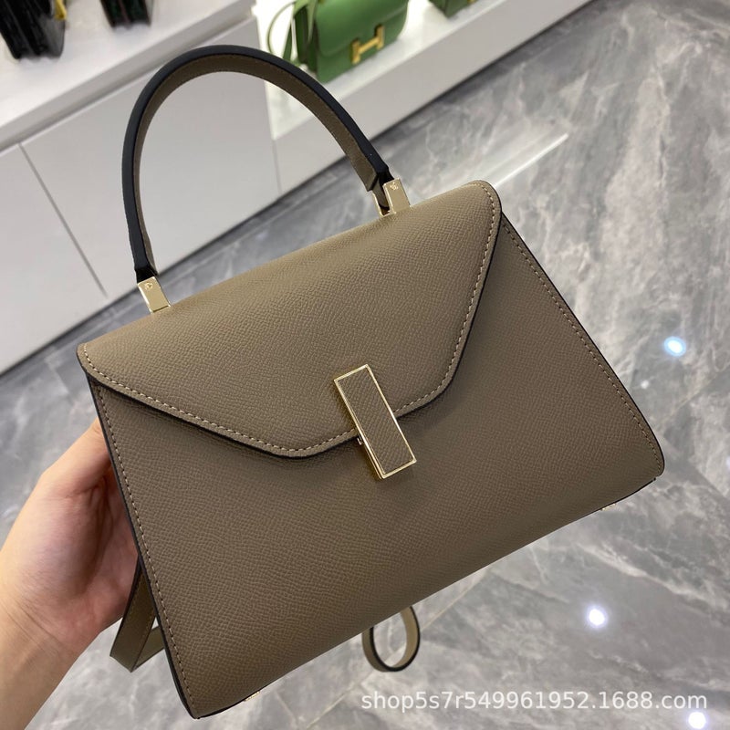 Vintage Trapezoidal Cowhide Genuine Leather Crossbody Shoulder Bag For Women With Vertical Buckle, Flap, Small Gold Bar, Tofu Bag, Versatile - Image 1