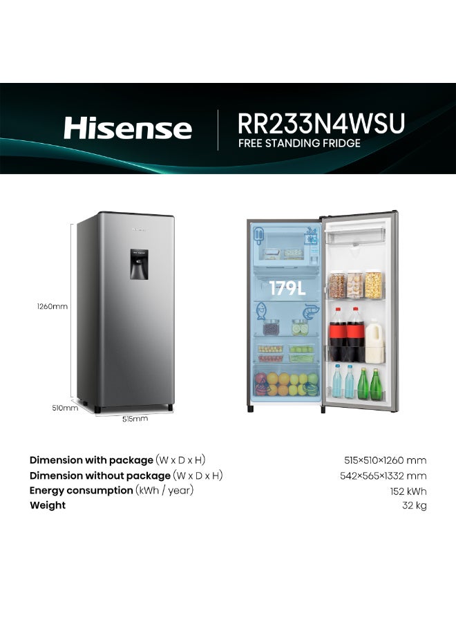 Hisense 233L Gross/ 177L Net Capacity, Single Door Compact Refrigerator With Water Dispenser RR233N4WSU Silver - Image 3