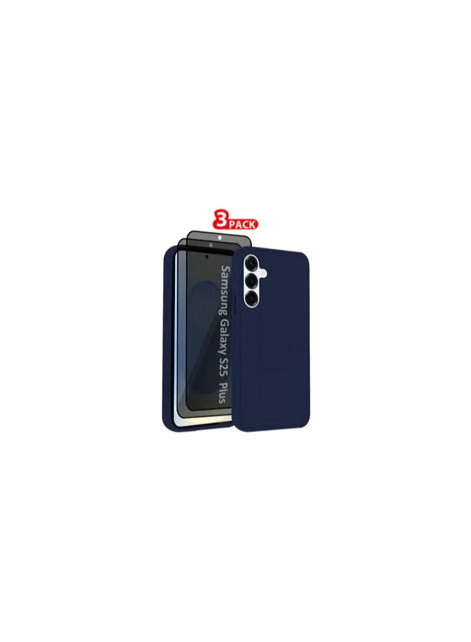 CATANES Galaxy S25 Plus 3Packs Case Silicone with Stand Function Finger Grip Case Cover with 2 Shock Proof Screen Protectors / Dark Blue - Image 1