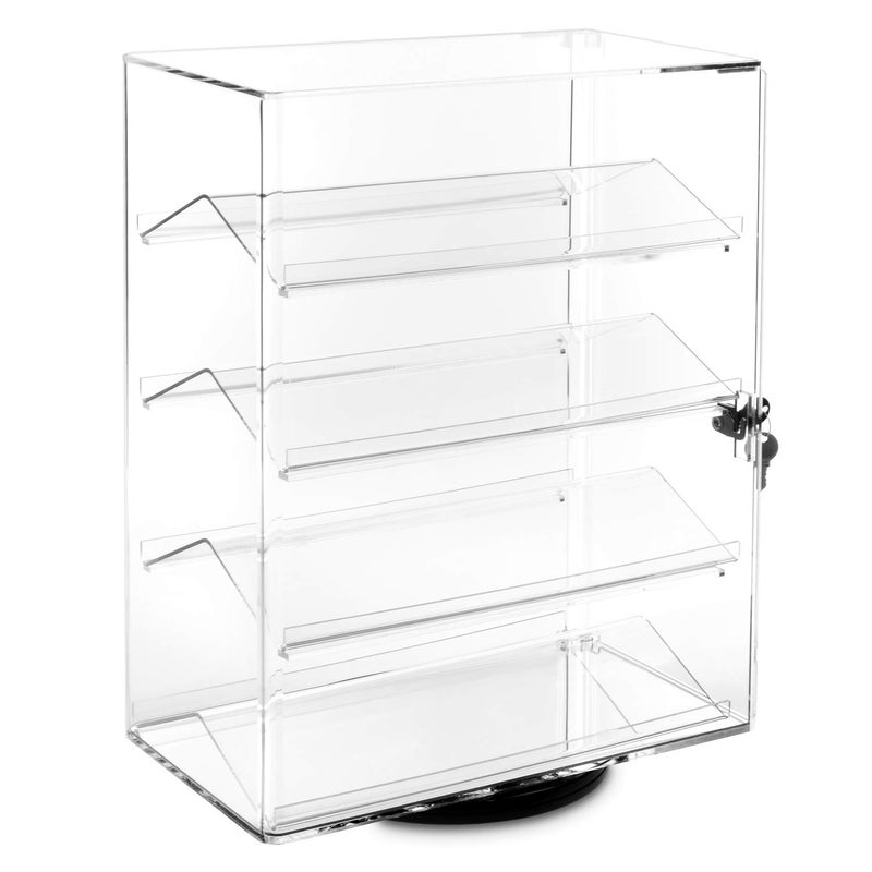 MOOCA Premium 360Degree Rotating Acrylic Eyewear Showcase with 4 Removable Shelves and Key Lock Acrylic Display Case Ideal for Sunglasses Jewelry and Collectibles Display