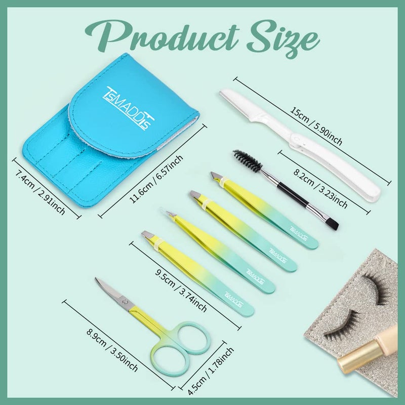 TsMADDTs 7 pcs Tweezers Set for Women Facial Hair, Precision Tweezer for Eyebrows with Curved Scissor and Eyebrow Razor for Ingrown Hair, Yellow&Green - Image 5
