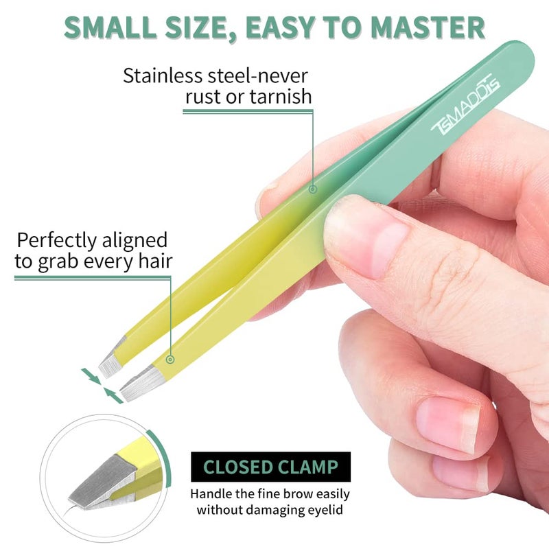 TsMADDTs 7 pcs Tweezers Set for Women Facial Hair, Precision Tweezer for Eyebrows with Curved Scissor and Eyebrow Razor for Ingrown Hair, Yellow&Green - Image 3