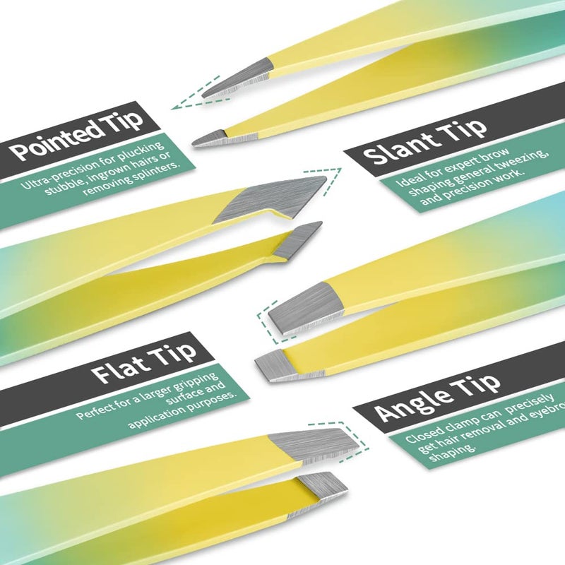 TsMADDTs 7 pcs Tweezers Set for Women Facial Hair, Precision Tweezer for Eyebrows with Curved Scissor and Eyebrow Razor for Ingrown Hair, Yellow&Green - Image 2