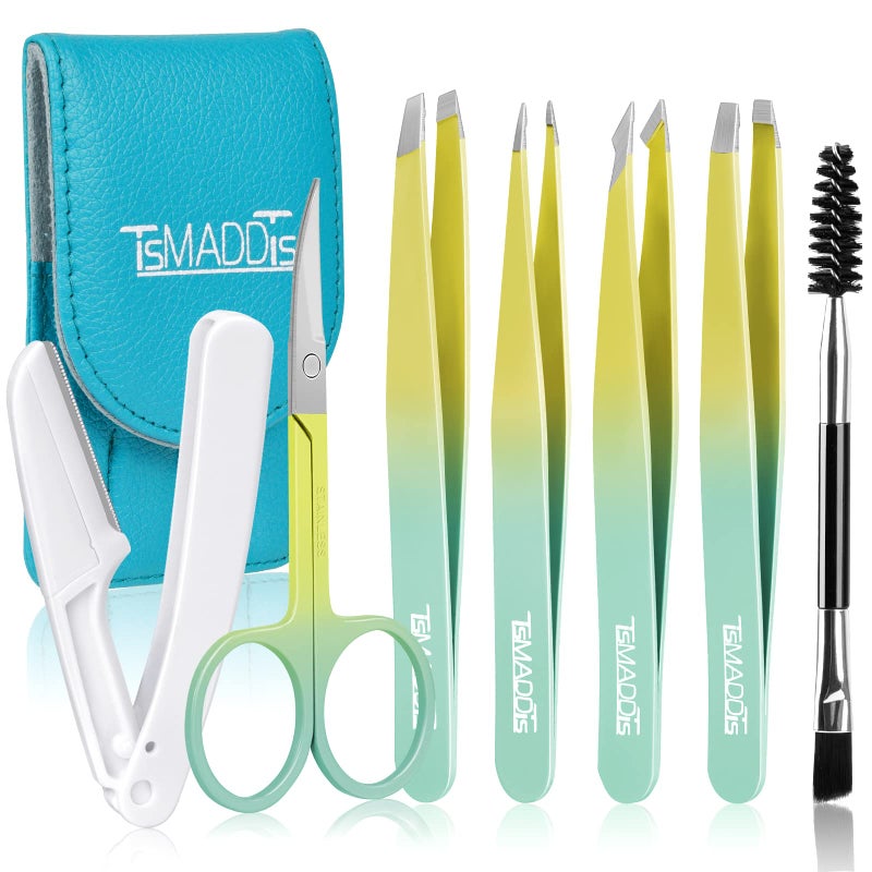 TsMADDTs 7 pcs Tweezers Set for Women Facial Hair, Precision Tweezer for Eyebrows with Curved Scissor and Eyebrow Razor for Ingrown Hair, Yellow&Green - Image 1