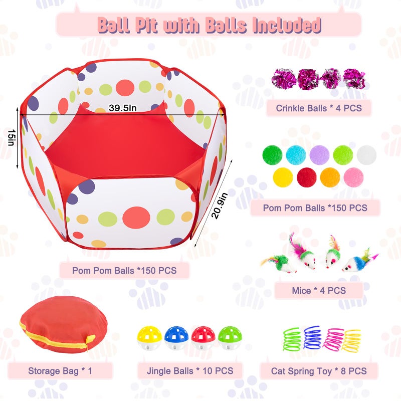 Veerlogix Cat Ball Pit with Balls for Cats, 176 Pcs Interactive Cat Toys for Bored Indoor Cats Self Play Cat Enrichment Toys for Fun and Exercise, Pom Pom Balls Jingle and Crinkle Ball, Springs and Mice toy - Image 2