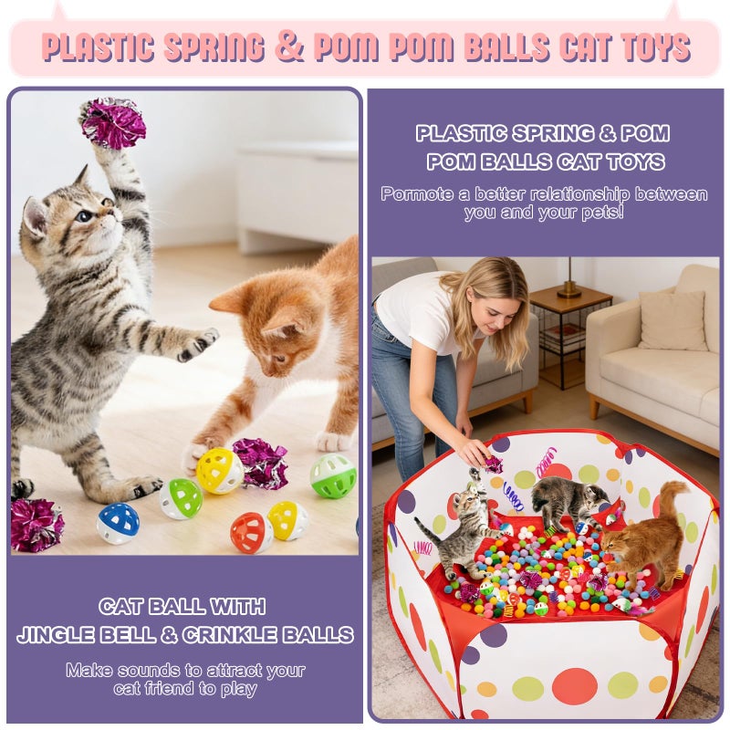 Veerlogix Cat Ball Pit with Balls for Cats, 176 Pcs Interactive Cat Toys for Bored Indoor Cats Self Play Cat Enrichment Toys for Fun and Exercise, Pom Pom Balls Jingle and Crinkle Ball, Springs and Mice toy - Image 4
