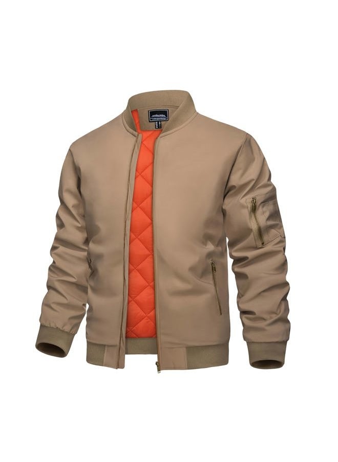 KEFITEVD Men's Bomber Jackets Fall Winter Windbreaker Warm Jacket Full Zip Padded Casual Work Coats, Khaki, XL - Image 1