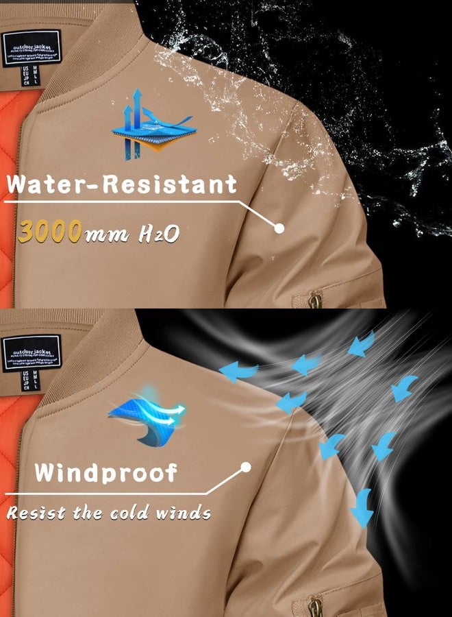 KEFITEVD Men's Bomber Jackets Fall Winter Windbreaker Warm Jacket Full Zip Padded Casual Work Coats, Khaki, XL - Image 4