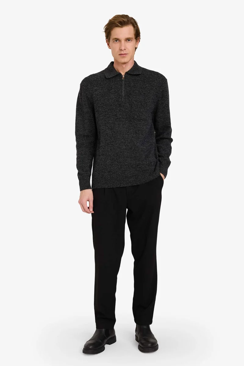 DeFacto Standard Fit Zip-Up Polo Collar Knitwear Pullover
