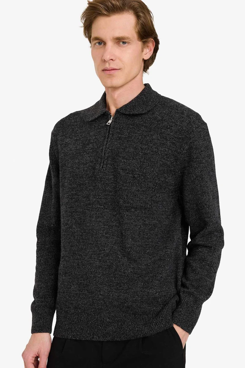 DeFacto Standard Fit Zip-Up Polo Collar Knitwear Pullover