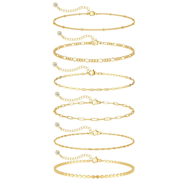 Tewiky Waterproof Gold Bracelets for Women Non Tarnish - Dainty Stack 14K Gold Plated/Sterling Silver Chain Bracelets Set Adjustable Trendy Jewelry for Women - Image 1