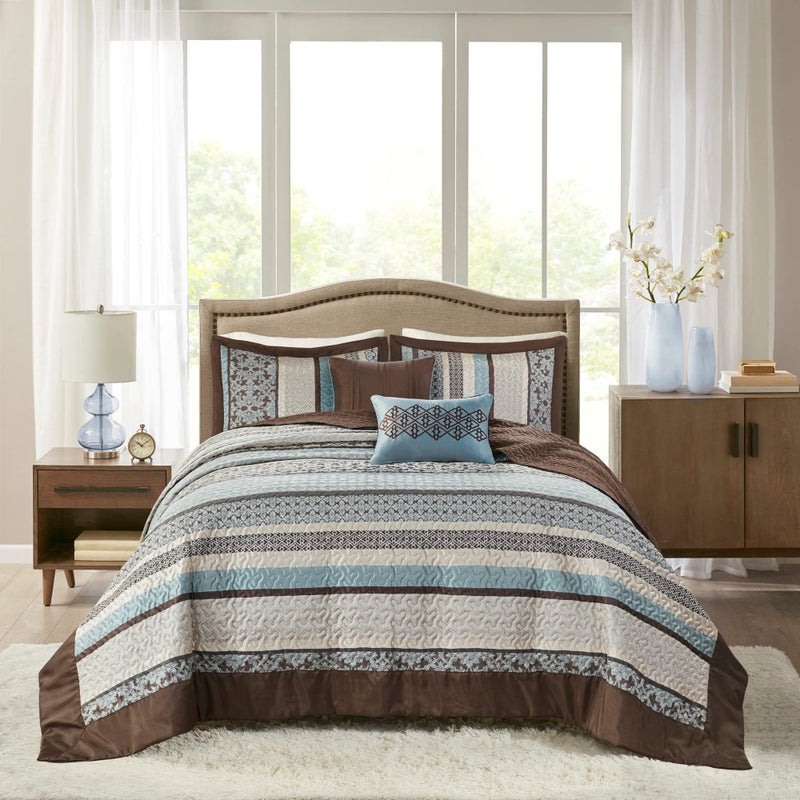 madison park Madison Park Princeton Reversible Quilted Bedspread Set Solid Reverse Summer Breathable Lightweight All Season Bedding Layer Matching Shams Bedspread King120x118 Blue 5 Piece 
