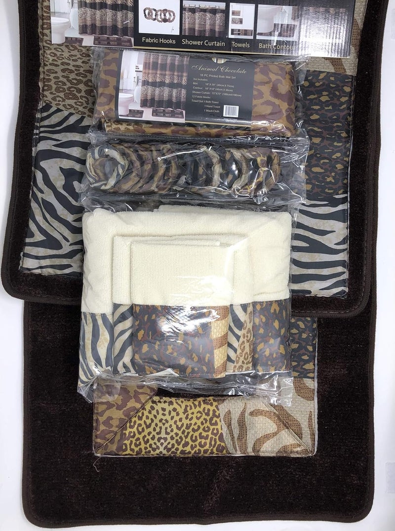 AF 18 Piece Bath Rug Set Leopard Brown Bathroom Rugs Zebra Shower Curtain Mat/Rings Towel Set- Animal Coffee - Image 2