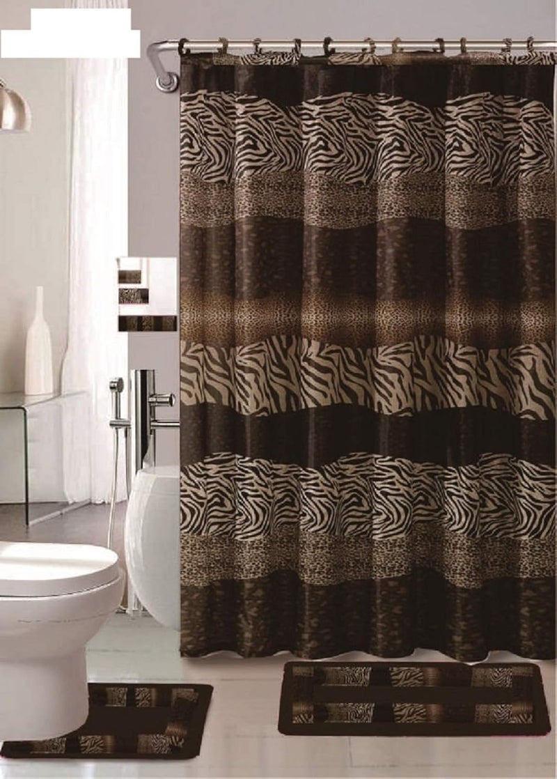 AF 18 Piece Bath Rug Set Leopard Brown Bathroom Rugs Zebra Shower Curtain Mat/Rings Towel Set- Animal Coffee - Image 1