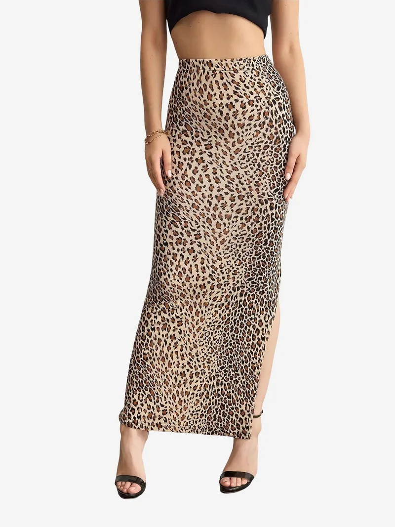 Hiccup Animal-Printed Maxi Skirt with Side Slit