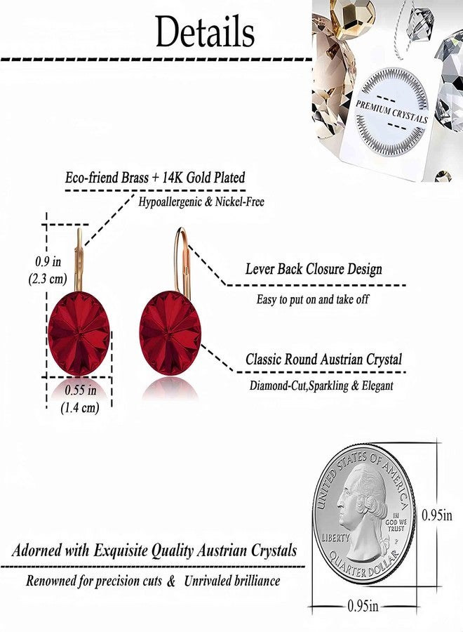 EVEVIC Austrian Crystal Round Drop Leverback Earrings for Women 14K Rose Gold Plated Hypoallergenic Jewelry (Red) - Image 4