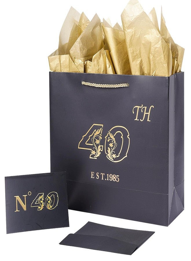 Jaywayang 40th Birthday Black Large Gift Bag with Card and Tissue Paper, Metallic Printing Keepsake Gift Vintage Bag for Men Women, 1985 Wife Husband 40 Year Old Party Paper Bag for Gifts Wrapping. - Image 1