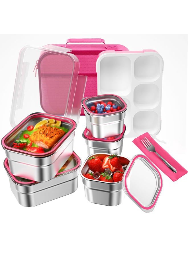 DaCool Stainless Steel Lunch Box Bento for Kids Adults Leakproof BPA-Free Metal Lunch Containers Tray 5-Compartment with Fork for Girls Food Snack Containers for School Outdoors, Pink - Image 1