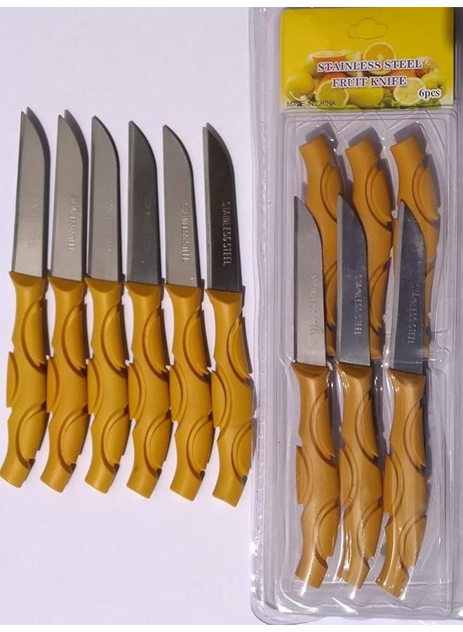طقم سكاكين فاكهة ستانلس ستيل (6 قطع) - شفرات حادة ومقابض بلاستيكية مريحة - مقاس 1.5 × 15.5 سم - لون ذهبي فخم. - Image 1
