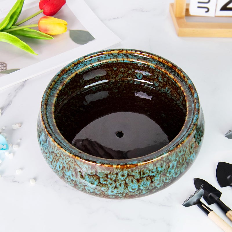 Artketty Succulent Pots - 8 Inch Plant Pot  Large Bonsai Pots With Drainage  Ceramic Planters For Indoor Outdoor Plants  Round Shallow Cactus Flower Plant Container Bowl Decorative Home Garden - Image 4