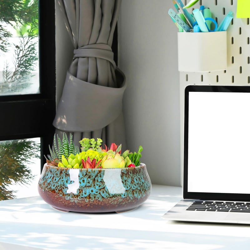 Artketty Succulent Pots - 8 Inch Plant Pot  Large Bonsai Pots With Drainage  Ceramic Planters For Indoor Outdoor Plants  Round Shallow Cactus Flower Plant Container Bowl Decorative Home Garden - Image 5