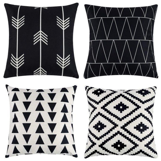 SET OF 4 DECORATIVE GEOMETRIC 18 X 18 INCHES THROW PILLOW COVERS MODERN PATTERN LINEN SQUARE PILLOW CUSHION CASE FOR SOFA COUCH BED HOME OUTDOOR CAR 18 X 18 BLACK