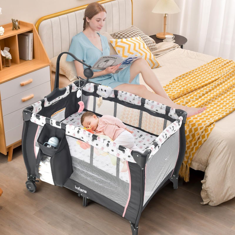 INFANS 3 in 1 Pack and Play, Portable Travel Baby Crib Bassinet with Detachable Mattress, Newborn Changing Table, Foldable Playpen with Carry Bag and 2 Wheels (Cartoon) - Image 3