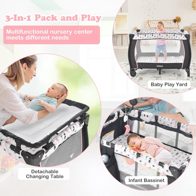 INFANS 3 in 1 Pack and Play, Portable Travel Baby Crib Bassinet with Detachable Mattress, Newborn Changing Table, Foldable Playpen with Carry Bag and 2 Wheels (Cartoon) - Image 5