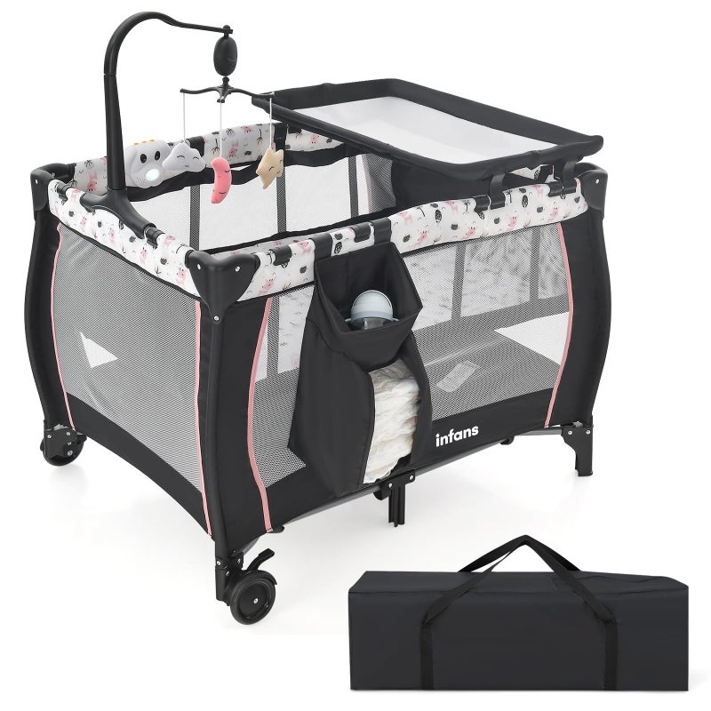 INFANS 3 in 1 Pack and Play, Portable Travel Baby Crib Bassinet with Detachable Mattress, Newborn Changing Table, Foldable Playpen with Carry Bag and 2 Wheels (Cartoon) - Image 1