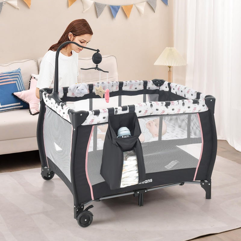 INFANS 3 in 1 Pack and Play, Portable Travel Baby Crib Bassinet with Detachable Mattress, Newborn Changing Table, Foldable Playpen with Carry Bag and 2 Wheels (Cartoon) - Image 2