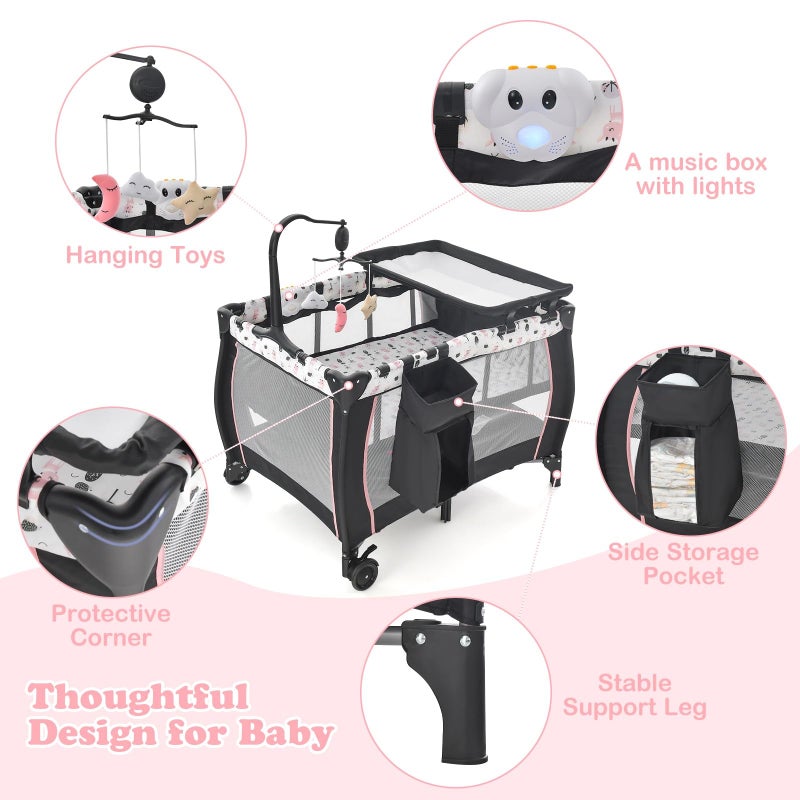 INFANS 3 in 1 Pack and Play, Portable Travel Baby Crib Bassinet with Detachable Mattress, Newborn Changing Table, Foldable Playpen with Carry Bag and 2 Wheels (Cartoon) - Image 4