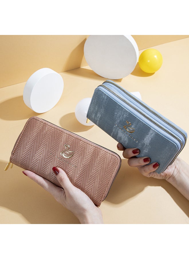Generic - Women's Wallet Long Swan Thermoplastic Bronzing Wave Pattern Fashionable Large Capacity Double Zipper Clutch-Color:Pink - Image 1