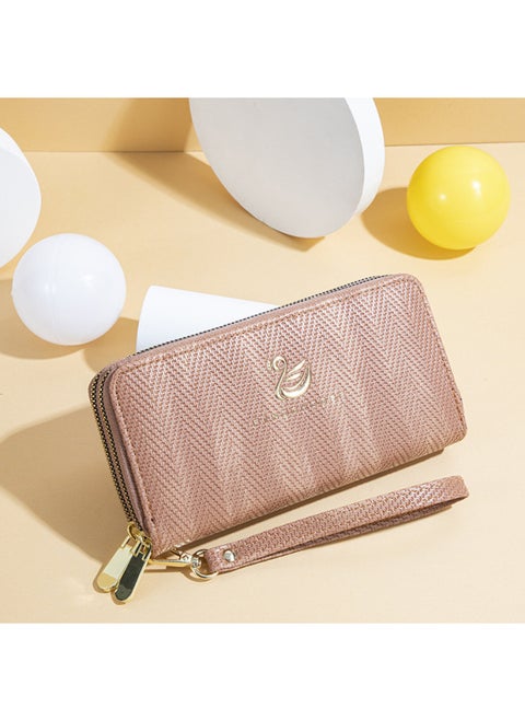 Women's Wallet Long Swan Thermoplastic Bronzing Wave Pattern Fashionable Large Capacity Double Zipper Clutch-Color:Pink