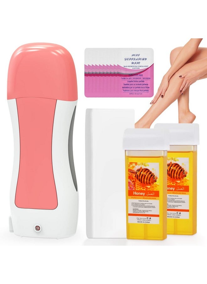 Demine - Roll On Wax Kit For Hair Removal Honey Wax Roller Waxing Kit For Sensitive Skin At Home Depilatory Soft Wax Warmer With 2 Cartridge Refill 10 Waxremoving Wipes And 100Pcs Wax Strips（Pink） - Image 1