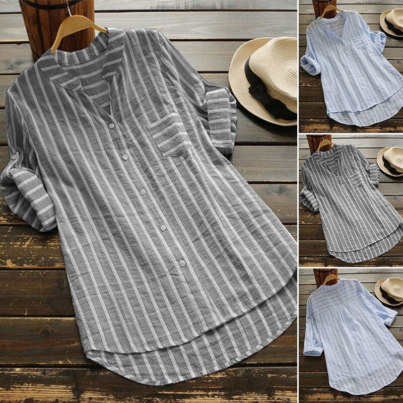 Cross-border women's clothing 2022 AliExpress European and American foreign trade new casual V-neck striped three-quarter sleeve women's shirt light grey XL - Image 2