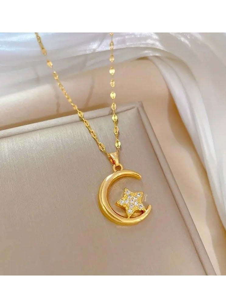 1pc Stainless Steel Moon Star Pendant Necklace For Wen Girl, New Trendy Choker Chain, Non-fading Jewelry Gift - Image 2