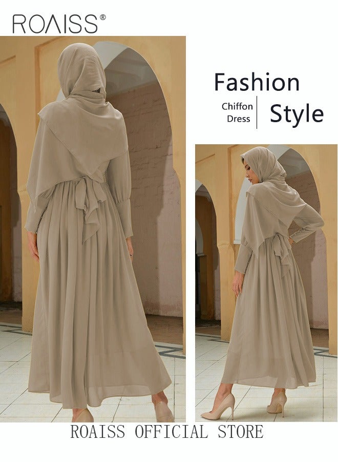 roaiss Ladies Dress Solid Color Chiffon Waist Puff Sleeve Long Sleeve Crew Neck High-Rise Abaya  Maxi Dress for Ladies Ramadan Eid al-Adha  - Image 2