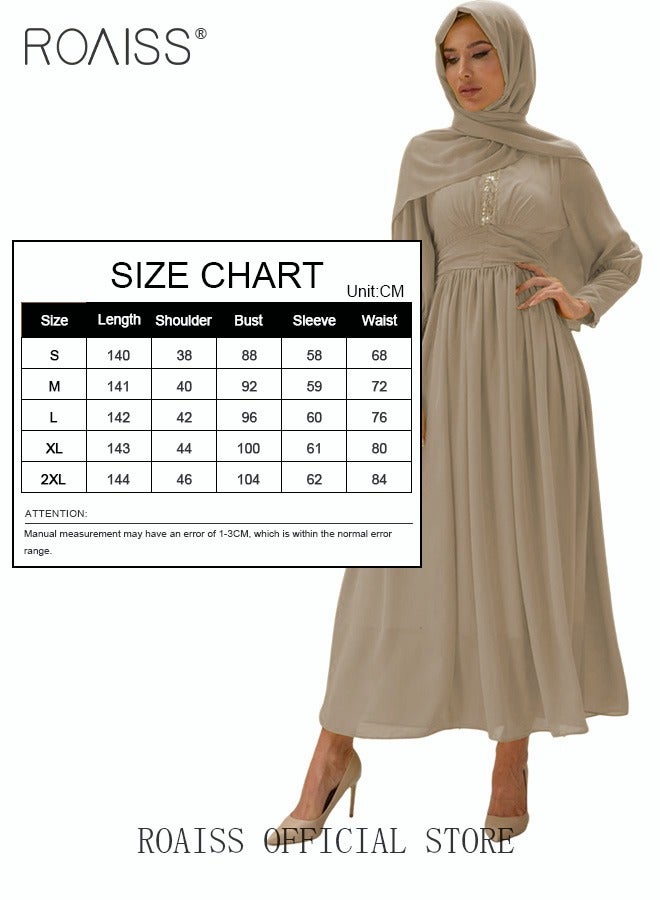 roaiss Ladies Dress Solid Color Chiffon Waist Puff Sleeve Long Sleeve Crew Neck High-Rise Abaya  Maxi Dress for Ladies Ramadan Eid al-Adha  - Image 5