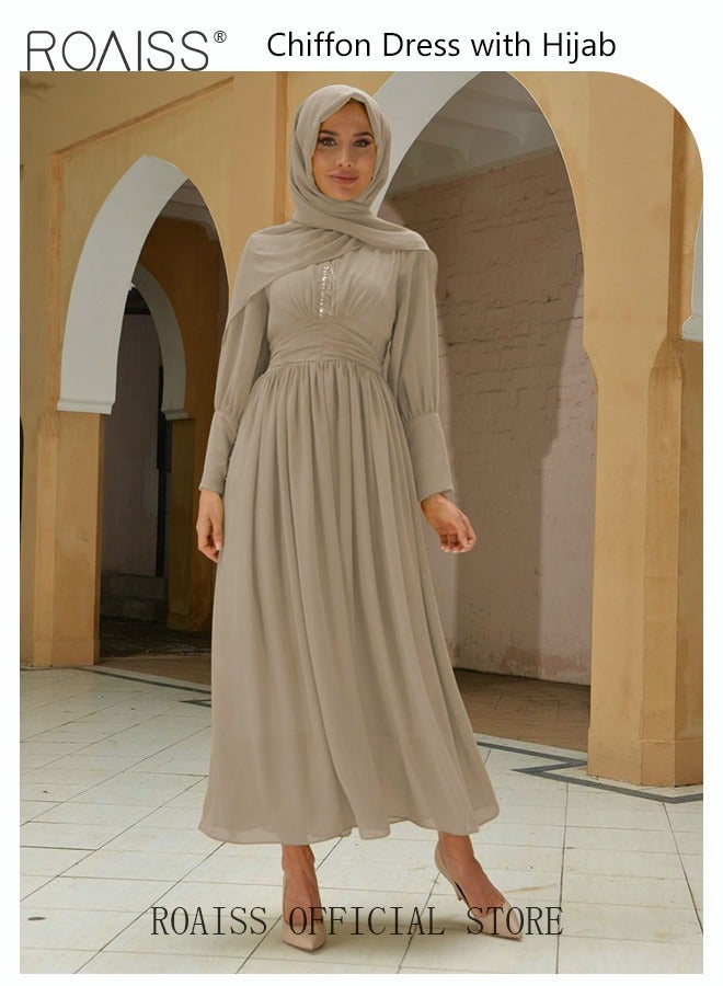 roaiss Ladies Dress Solid Color Chiffon Waist Puff Sleeve Long Sleeve Crew Neck High-Rise Abaya  Maxi Dress for Ladies Ramadan Eid al-Adha  - Image 1
