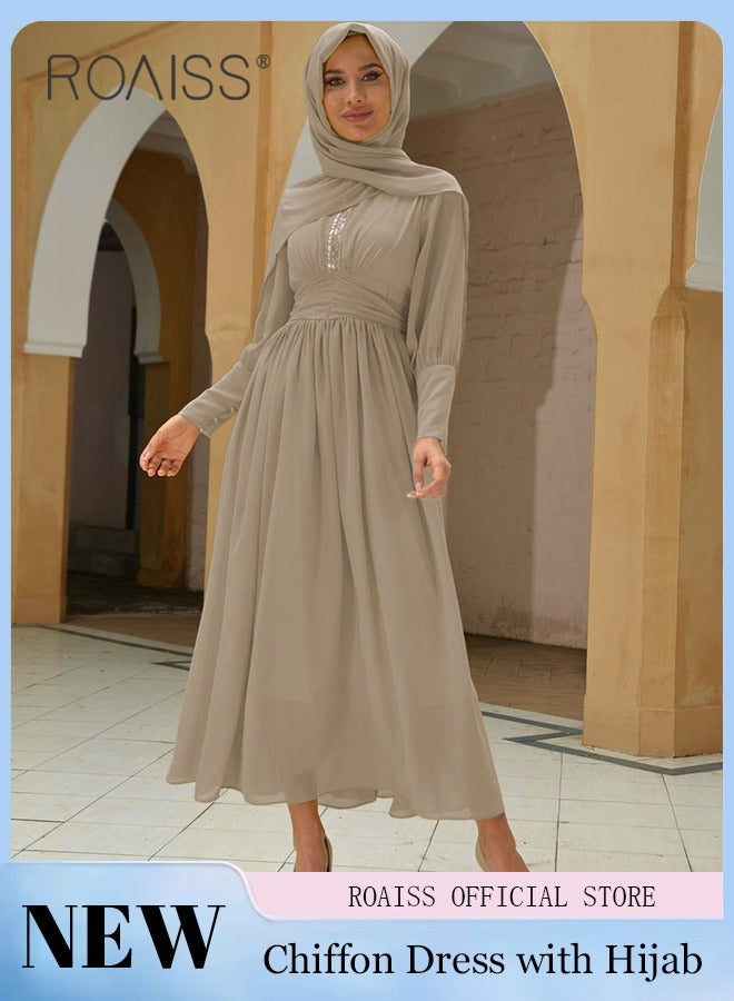 roaiss Ladies Dress Solid Color Chiffon Waist Puff Sleeve Long Sleeve Crew Neck High-Rise Abaya  Maxi Dress for Ladies Ramadan Eid al-Adha  - Image 4