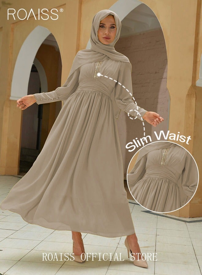 roaiss Ladies Dress Solid Color Chiffon Waist Puff Sleeve Long Sleeve Crew Neck High-Rise Abaya  Maxi Dress for Ladies Ramadan Eid al-Adha  - Image 3