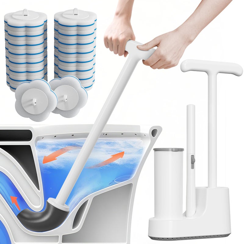 Cinola Disposable Toilet Brush and Plunger Set, Dual Handdle Toilet Plunger, All-in-1 Bathroom Cleaning Kit with 18PCS Refills, Toilet Cleaning Stick and Ventilated Holder (White) - Image 1