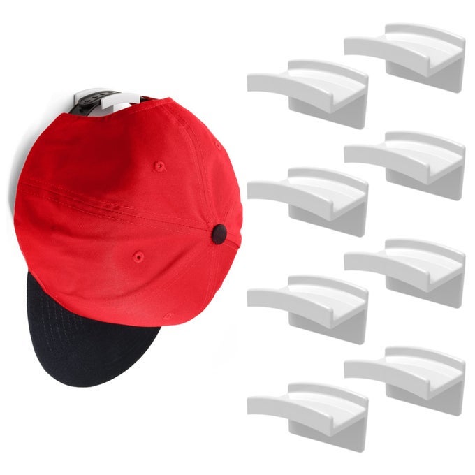 ADHESIVE HAT HOOKS FOR WALL 8PACK MINIMALIST HAT RACK DESIGN NO DRILLING STRONG HOLD HAT HANGERS USA PATENTED WHITE