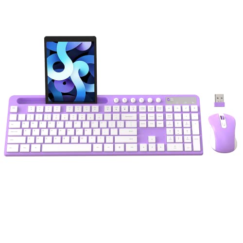 MARVO Wireless Keyboard and Mouse Combo, MARVO 2.4G Ergonomic Wireless Computer Keyboard with Phone Tablet Holder, Silent Mouse with 6 Button, Compatible with MacBook, Windows (Purple) - Image 1