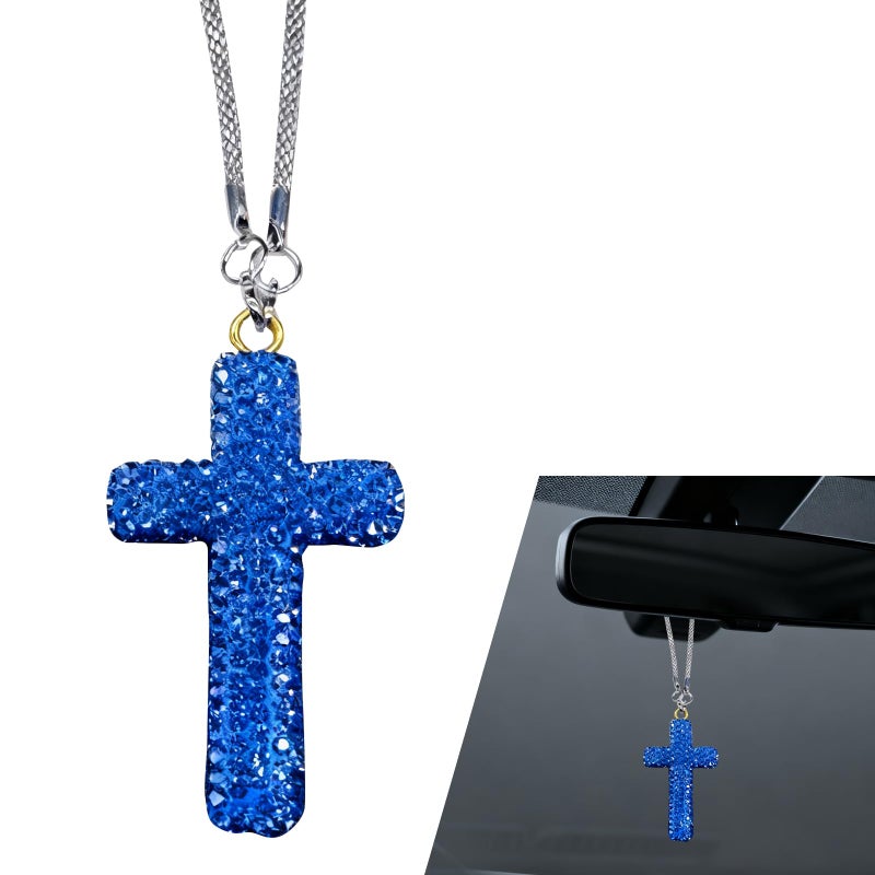 winterrock Cross for Car Rear View Mirror Charm Bling Crystal Car Mirrors Hanging Ornament Religious Rhinestone Decor Charm Cross Rear View Mirror Pendant Auto Interior Accessory Blue - Image 3