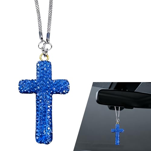 winterrock Cross for Car Rear View Mirror Charm Bling Crystal Car Mirrors Hanging Ornament Religious Rhinestone Decor Charm Cross Rear View Mirror Pendant Auto Interior Accessory Blue - Image 1
