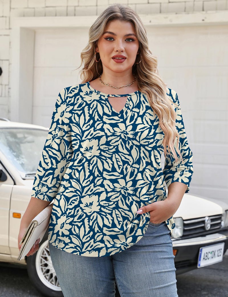 Rapbin Womens Tops Dressy Casual 3/4 Length Sleeve Tshirts Summer Beach Blouses Plus Size Spring Outfits Blue Apricot 3XL - Image 5