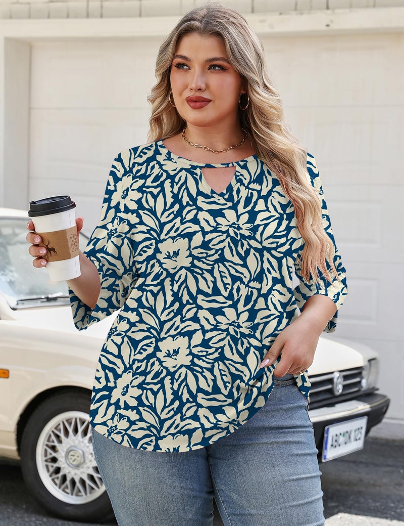 Rapbin Womens Tops Dressy Casual 3/4 Length Sleeve Tshirts Summer Beach Blouses Plus Size Spring Outfits Blue Apricot 3XL - Image 2