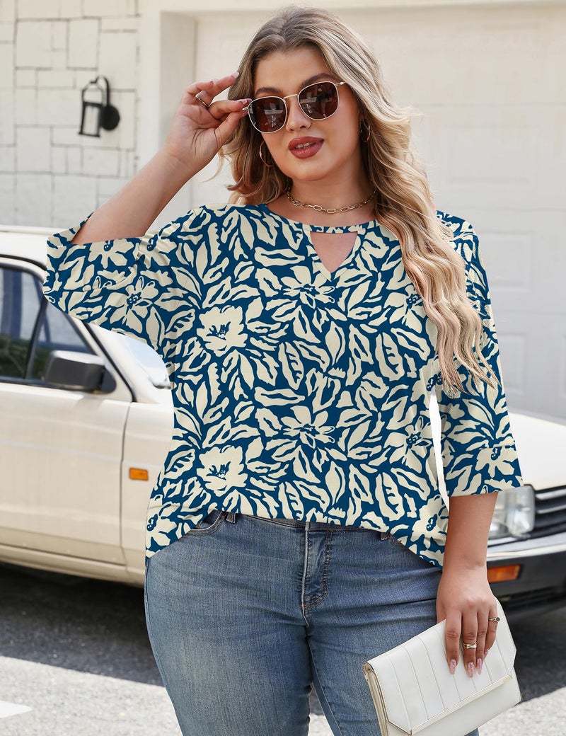 Rapbin Womens Tops Dressy Casual 3/4 Length Sleeve Tshirts Summer Beach Blouses Plus Size Spring Outfits Blue Apricot 3XL - Image 4