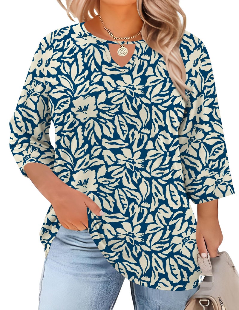 Rapbin Womens Tops Dressy Casual 3/4 Length Sleeve Tshirts Summer Beach Blouses Plus Size Spring Outfits Blue Apricot 3XL - Image 1